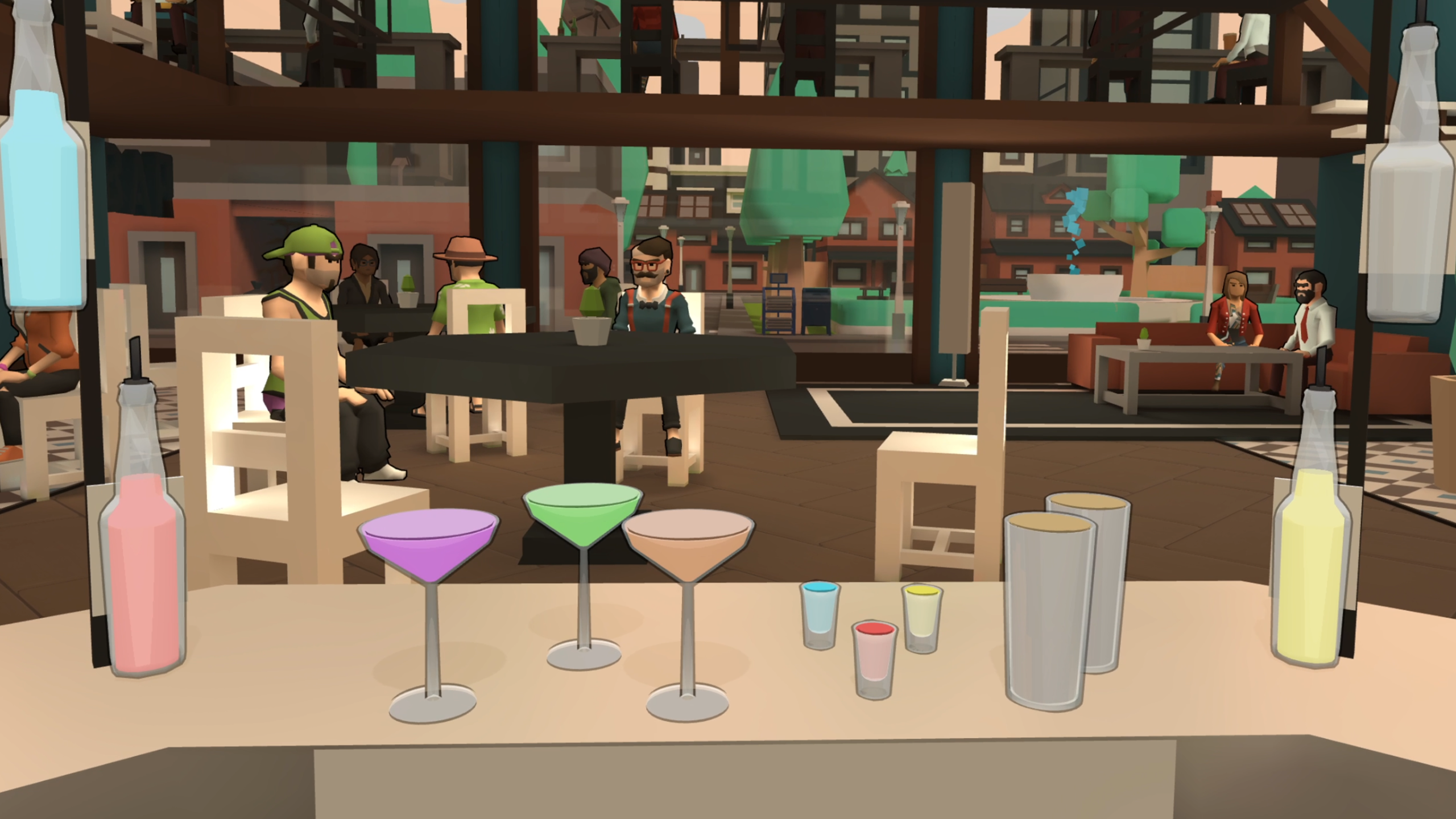 A shot of the Happy Hour Hero bar, with an array of cocktail glasses and spirit bottles.