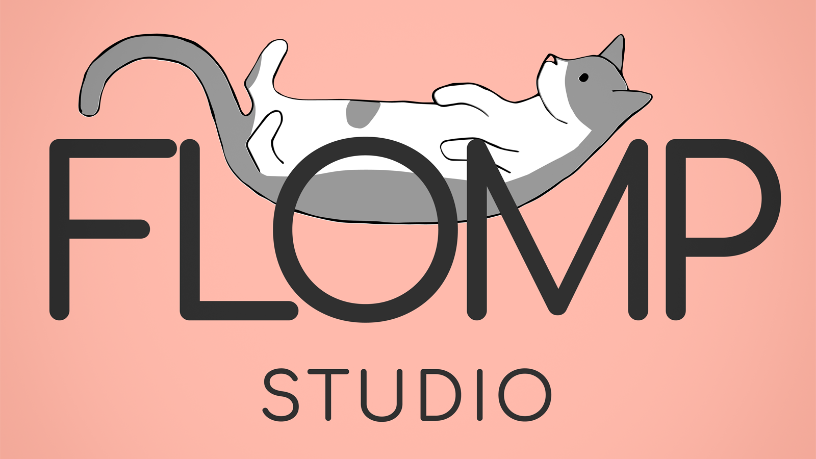 Flomp Studio logo on a pink background with a cat flomped on the words.